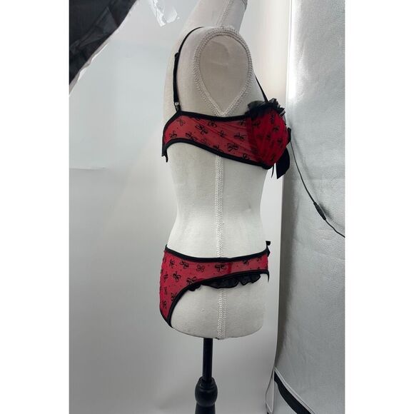 Red & Black Sheer Lingerie Set – Size Large – Crotchless – Bow Print – Ruffle Tr - Picture 8 of 12